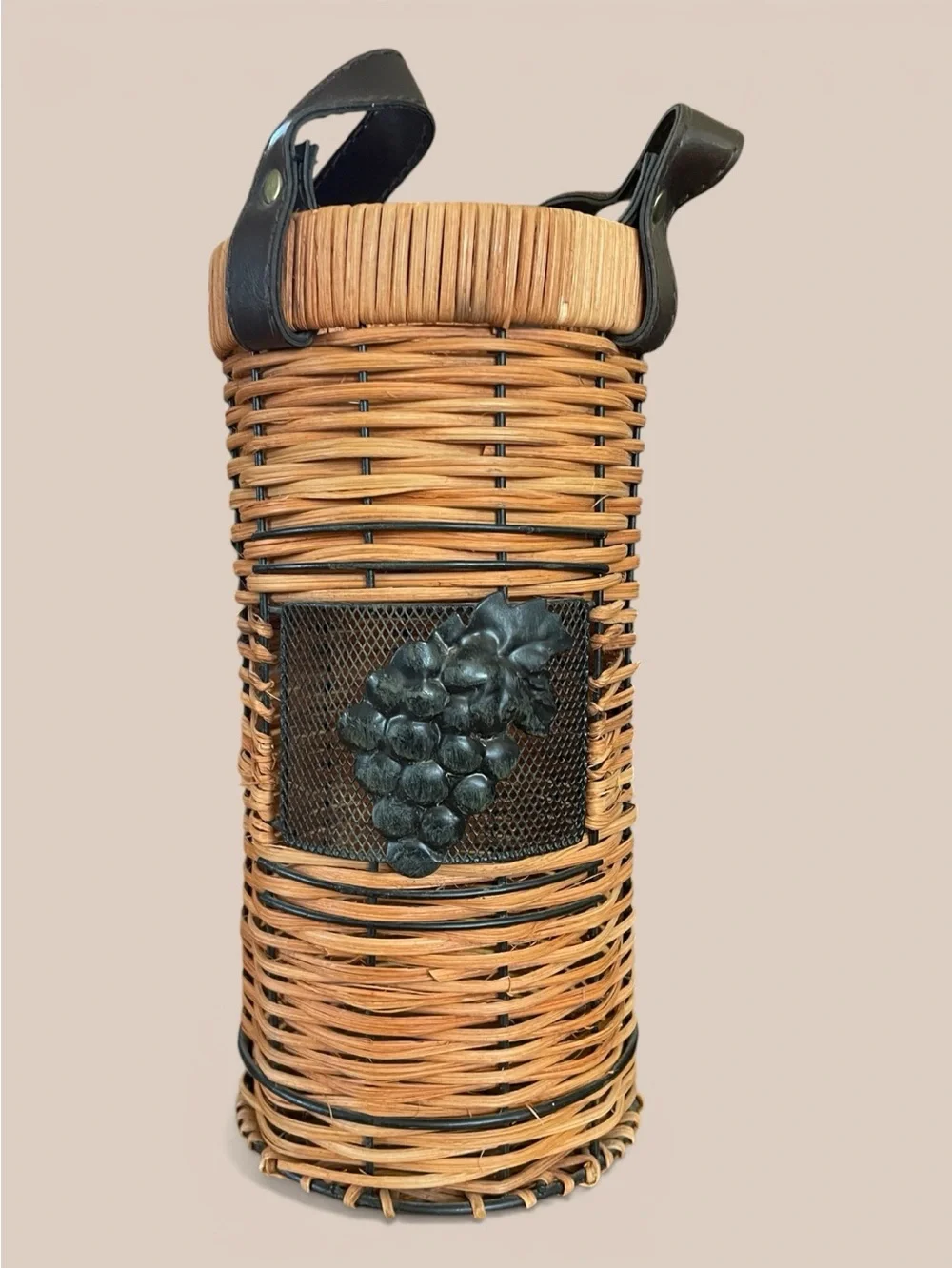 Vintage wine bottle carrier with straps, woven rattan, mesh and metal grapes